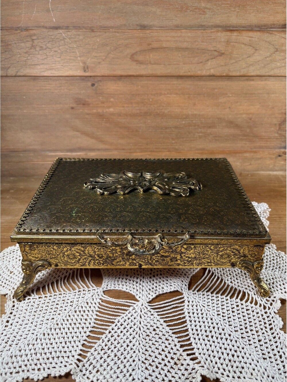 Vintage Brass Jewelry Box Antique Footed Metal Trinket Casket Hollywood Regency